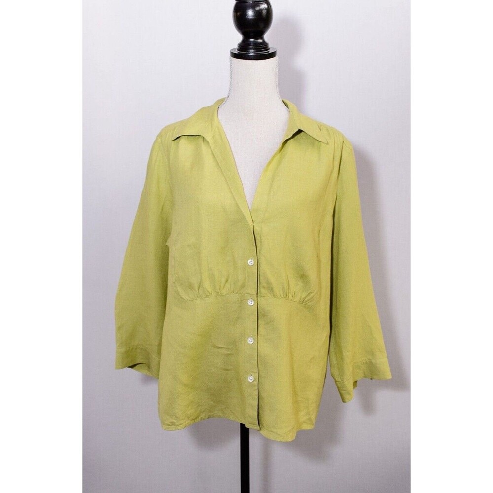 Talbots Blouse Size 20 Pure Irish Linen Green Button Down Long Sleeve
